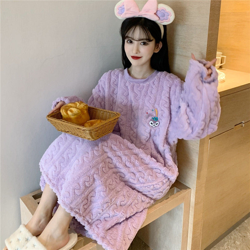 冬季加绒加厚珊瑚绒连体长款睡裙