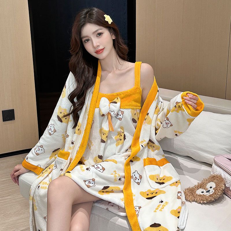 睡衣珊瑚绒女款2025新款长款冬天加绒保暖法兰绒毛睡袍浴袍可爱风