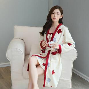 揭阳睡衣女士秋冬季加绒加厚中长款珊瑚绒法兰绒睡袍冬天吊带睡裙