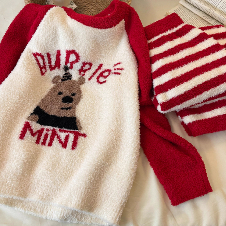 睡衣女秋冬季新年红卡通小熊半边绒撞色条纹加绒加厚珊瑚绒家居服