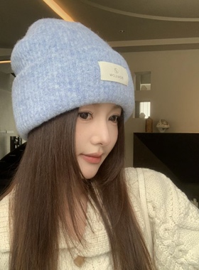 羊毛混纺加厚毛线针织帽子女款2026新款冬季护耳蓝色加绒包头冷帽