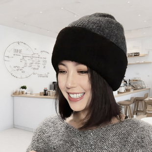 韩国双层毛线针织堆堆帽子女款2025新款冬季红色撞色保暖包头冷帽