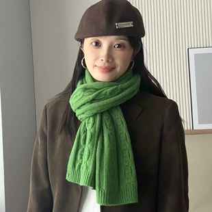 澳洲羊毛围巾女款2026新款绿色米色粗毛线冬季韩版麻花围脖