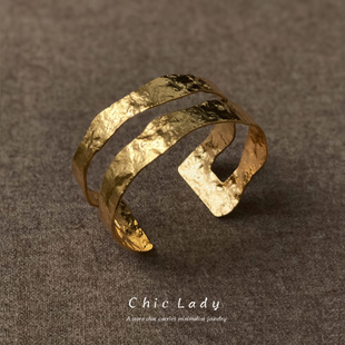 熔岩叠戴手镯中古风小众设计师款 异域风肌理时髦夸张手饰18k金