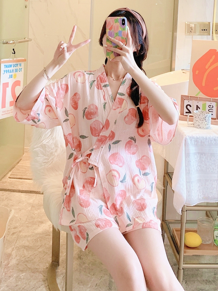 和服睡衣女夏季可爱日式纯棉纱布短袖家居服汗蒸服女薄款浴衣套装-封面