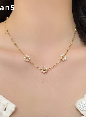 不掉色珍珠花钛钢锁骨链