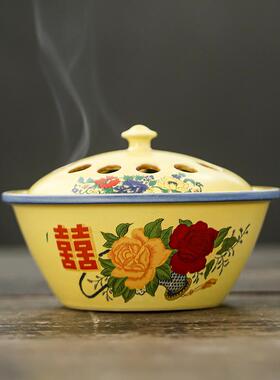 怀旧陶瓷双喜搪瓷盆盘香炉小摆件