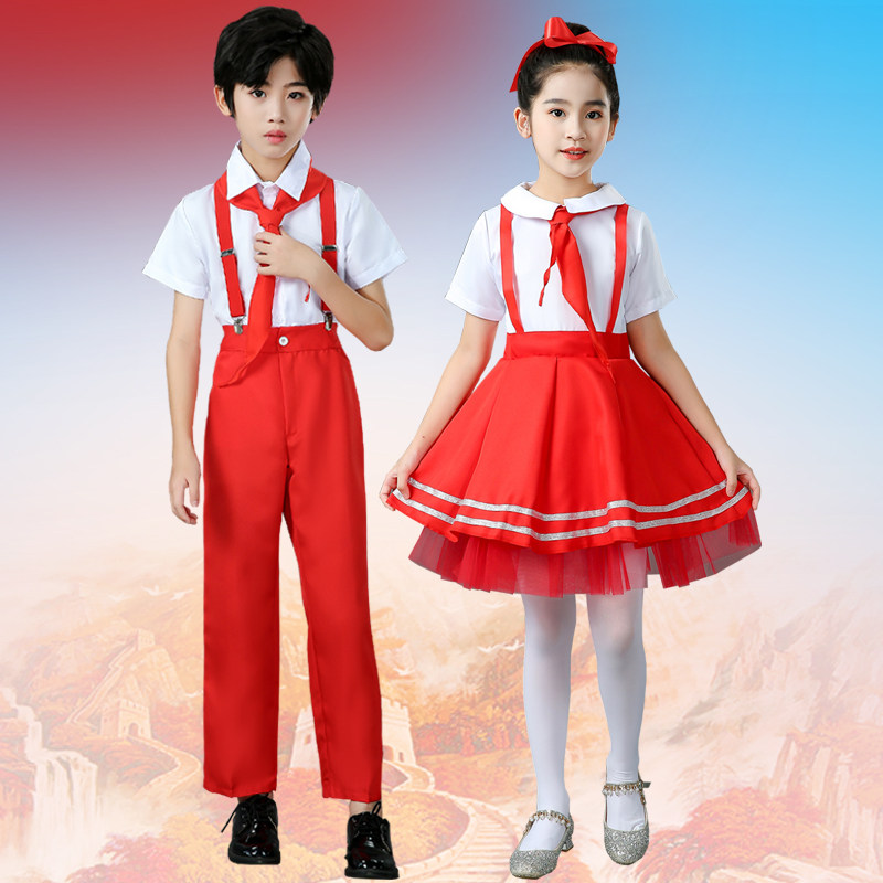 六一儿童合唱演出服纱裙小学生红领巾背带裤诗歌朗诵舞蹈表演服装