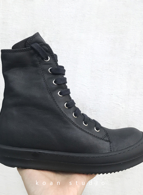 KOAN自制 特价回馈精工副线 全黑蜡布高帮系带鞋 情侣TPU底厚底鞋