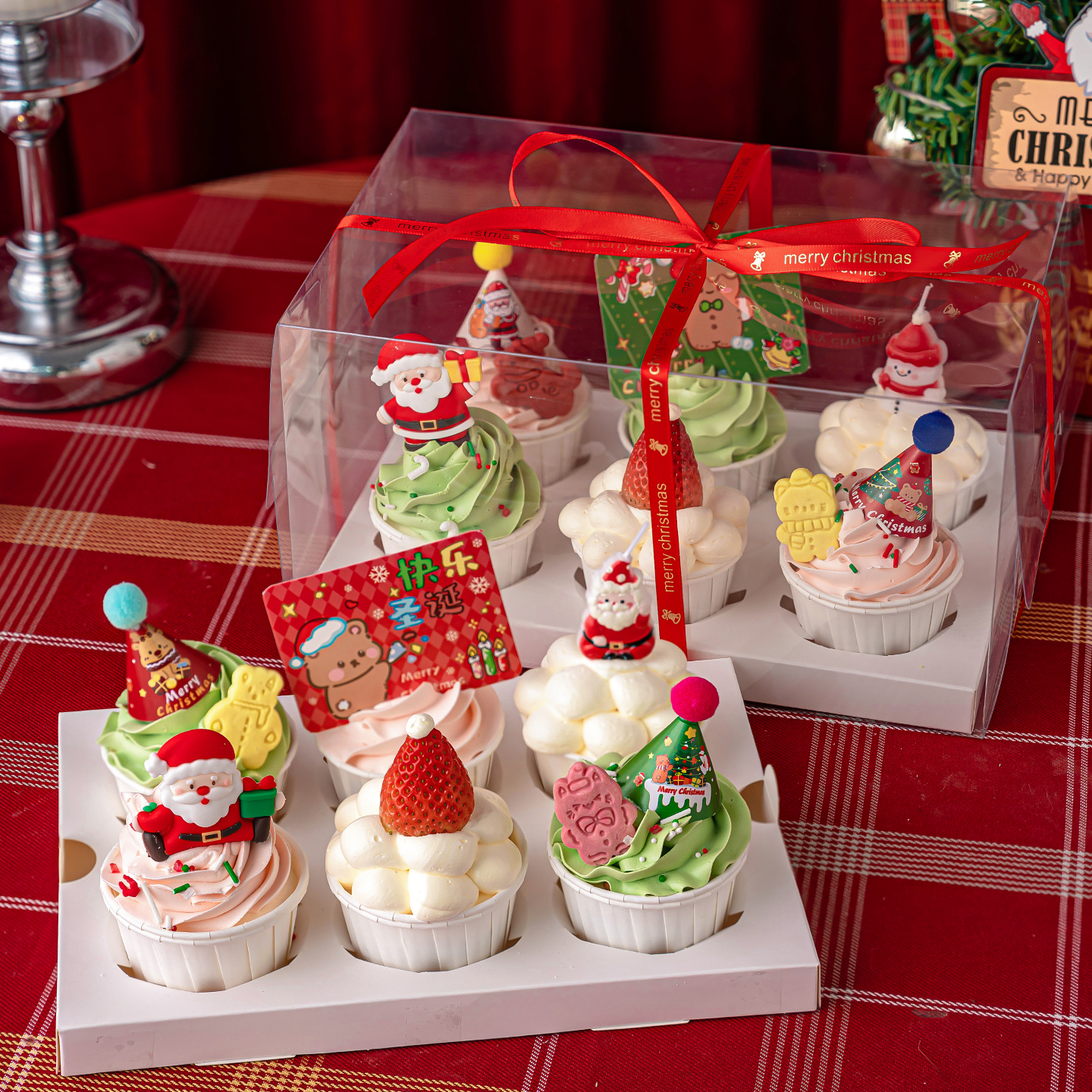 2026圣诞节纸杯蛋糕装饰老人雪人蜡烛摆件圣诞节快乐方形卡片装扮