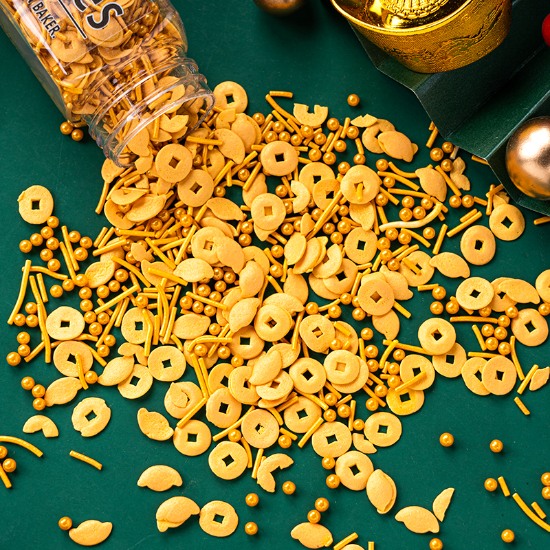 新年财源滚滚金色装饰糖2026春节跨年蛋糕装饰点缀铜钱糖珠糖针