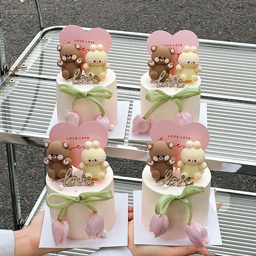 七夕情人节蛋糕装饰软胶熊兔木质love丝带郁金香爱心卡片情侣告白