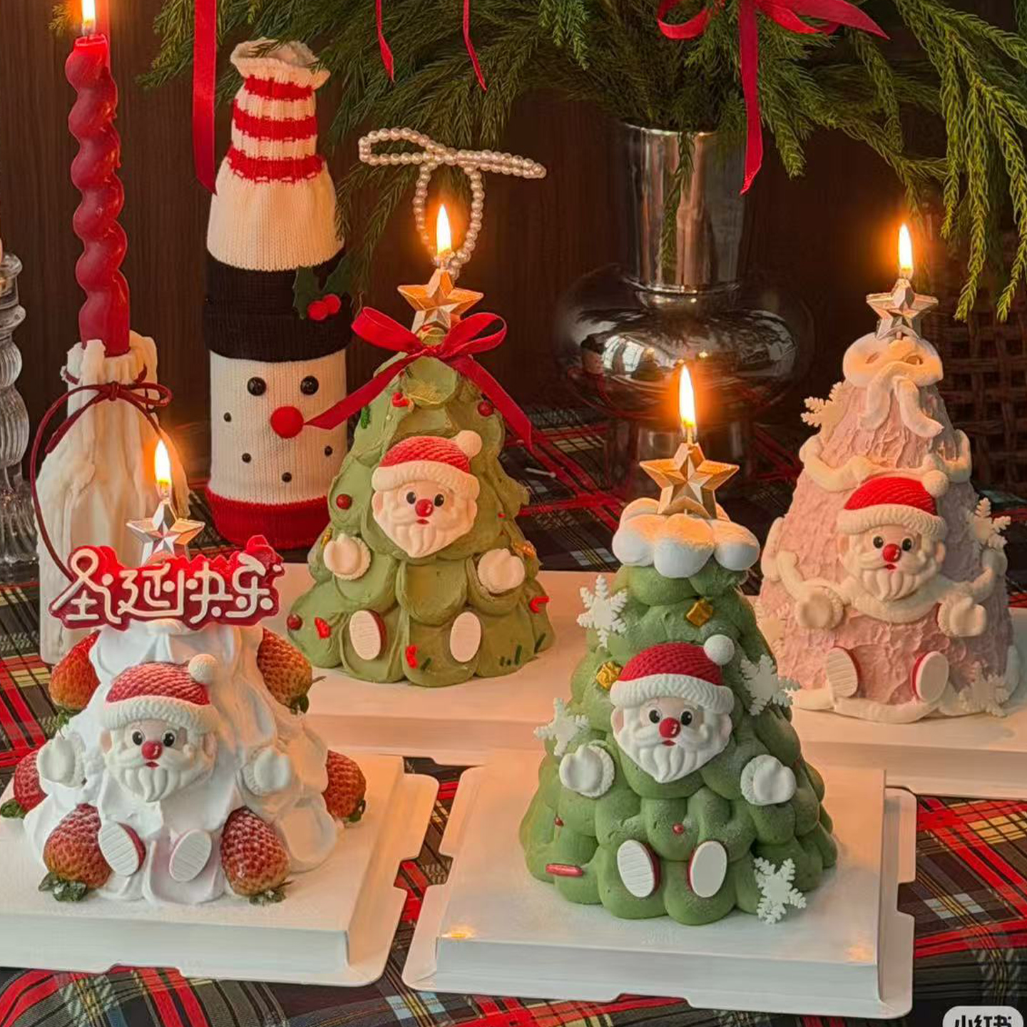 圣诞蛋糕装饰摆件圣诞老人巧克力成品蜡烛丝带草莓塔配件甜品插件