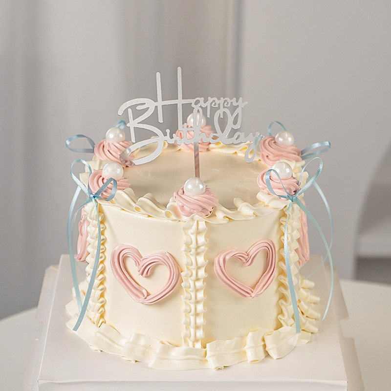 女生生日芭蕾风蛋糕装饰丝带蝴蝶结插件生日快乐英文亚克力插牌