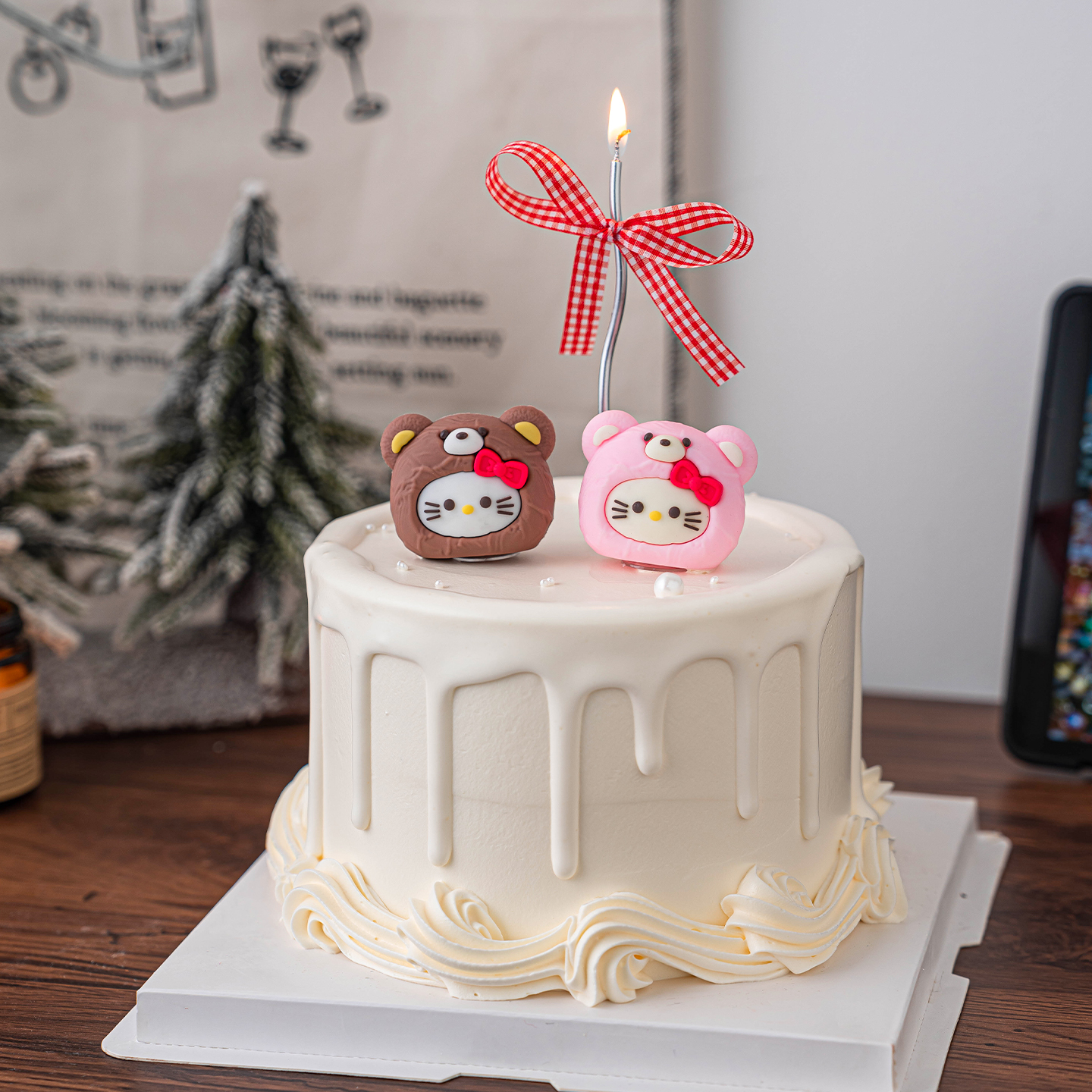 2026网红圣诞节小熊头蛋糕装饰卡通蝴蝶结小猫摆件平安夜派对插件