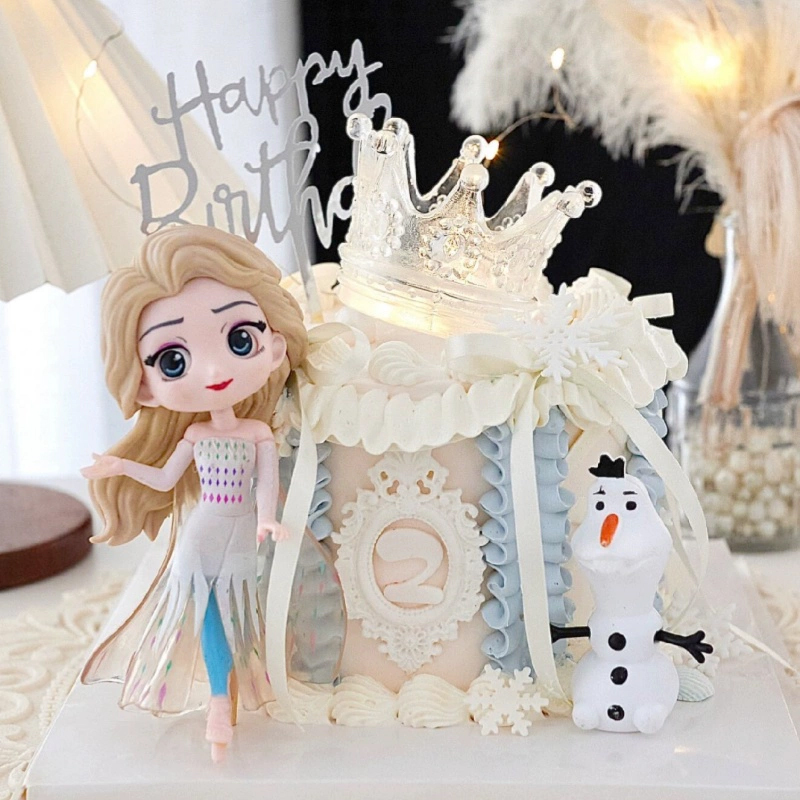 网红梦幻水晶皇冠蛋糕装饰品四代爱莎公主雪宝女孩生日甜品台摆件