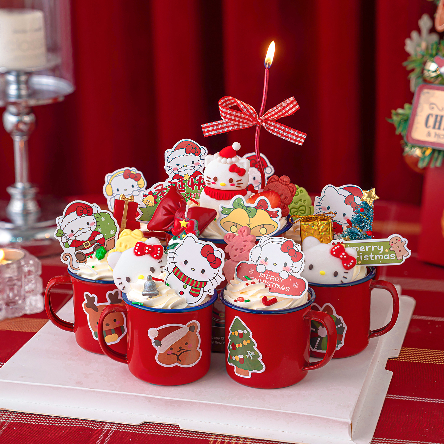 2026网红圣诞节快乐红色搪瓷杯茶杯蛋糕装饰圣诞小猫烘焙装扮摆件
