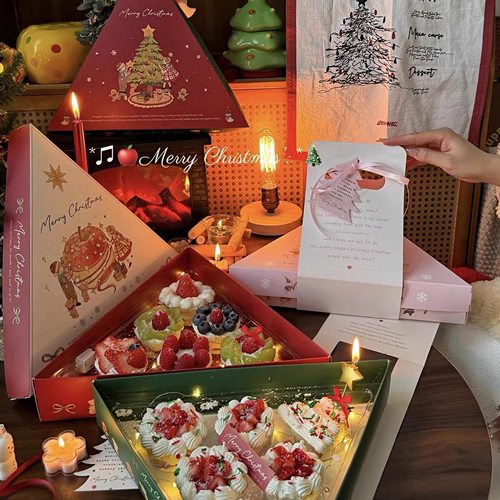 抱抱酱原创版权圣诞树苹果三角蛋糕盒甜品盒圣诞蛋糕装饰包装盒