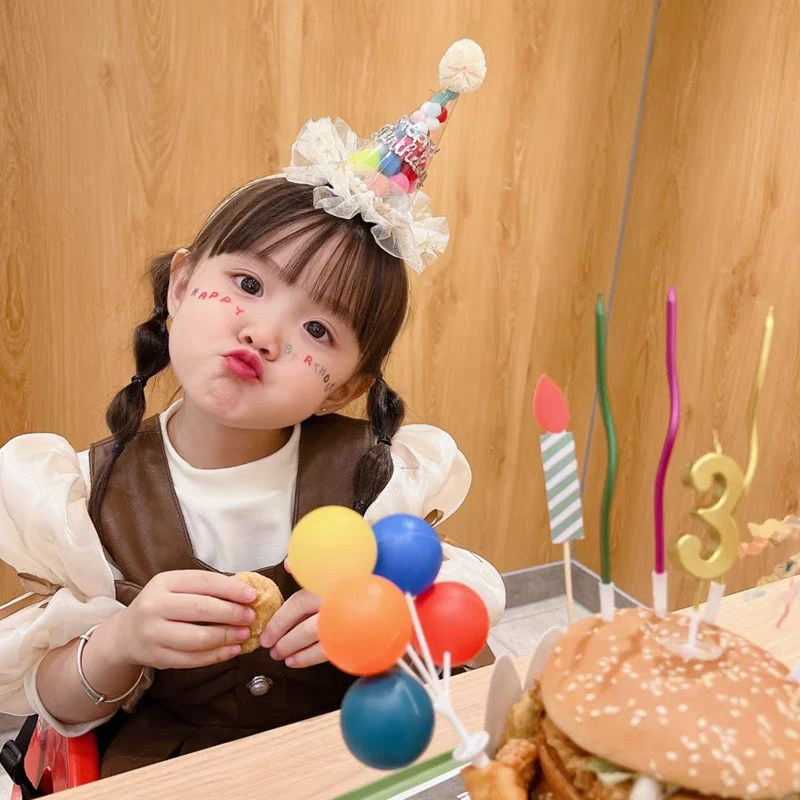 多巴胺生日周岁糖果毛球帽带纱发箍派对公主女孩儿童发饰帽子头饰