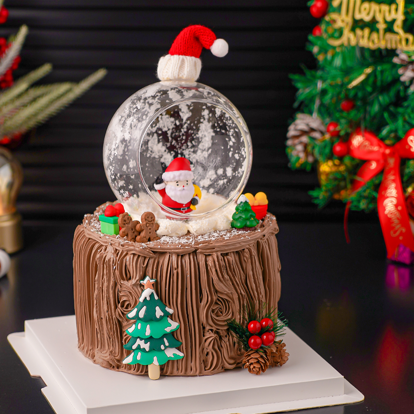 2026圣诞节玻璃球形罩蛋糕装饰老人毛线帽圣诞树节日快乐派对装扮