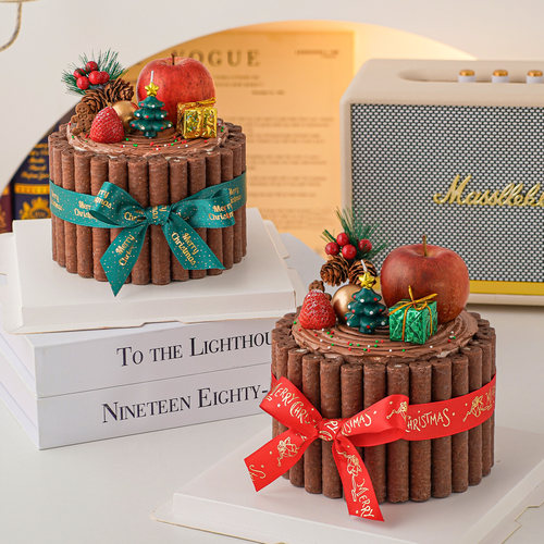 2026圣诞节森系蛋糕装饰巧克力棒围边圣诞树蜡烛平安夜丝带配件