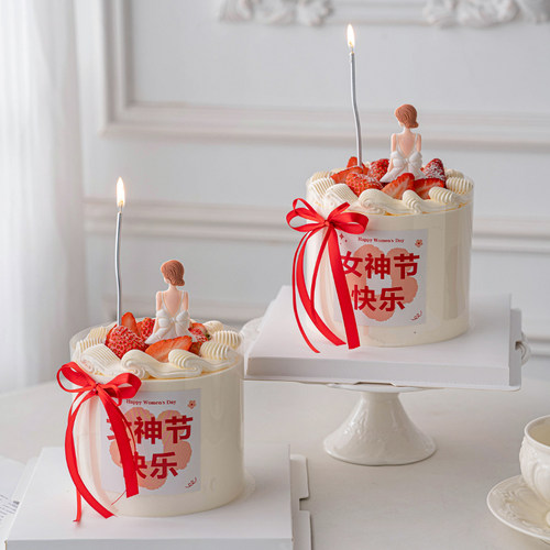 背影女神蛋糕装饰三八妇女节快乐