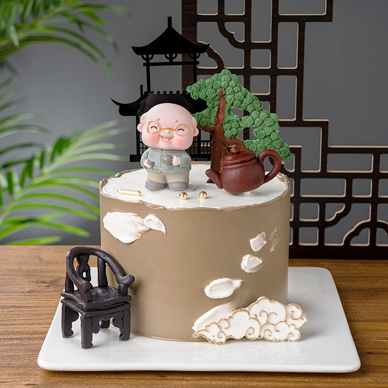 爷爷奶奶过大寿生日蛋糕装饰椅子茶壶茶具摆件松树祥云硅胶模具