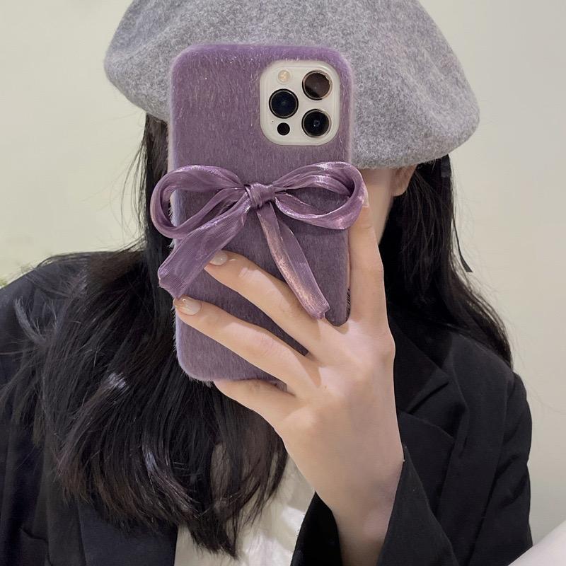 小众高级感丝绸蝴蝶结iPhone15promax手机壳苹果14Pro女款秋冬冷淡风紫色毛绒14/13半包硬壳12/11防摔保护套