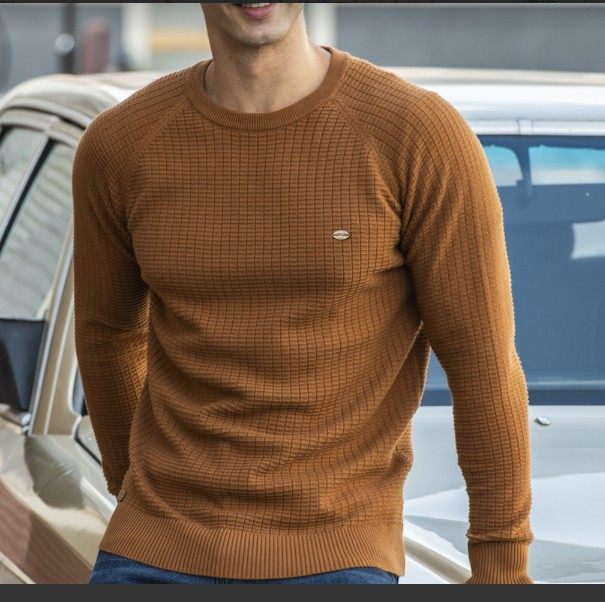 男装全棉毛衣纯色打底格纹领套头针织毛衫男Men's Knit Botto
