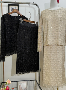 clothes women法式小香风美人鱼宽松长袖上衣钉珠亮片中长款蕾丝