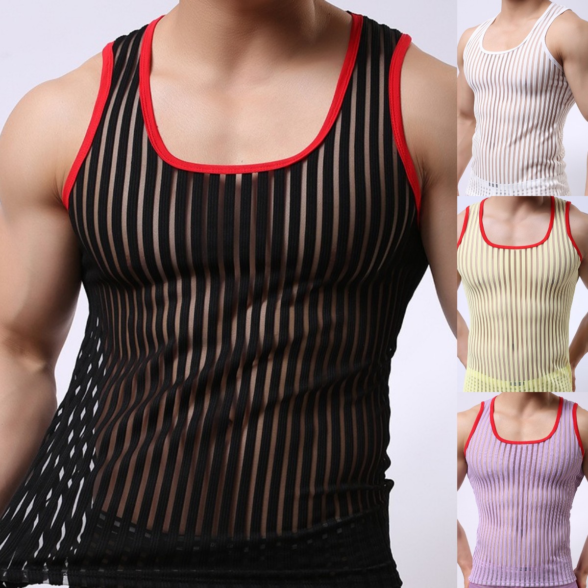 Men's vest 男式背心网纱透明背心男士感透视透气工字背心潮男款