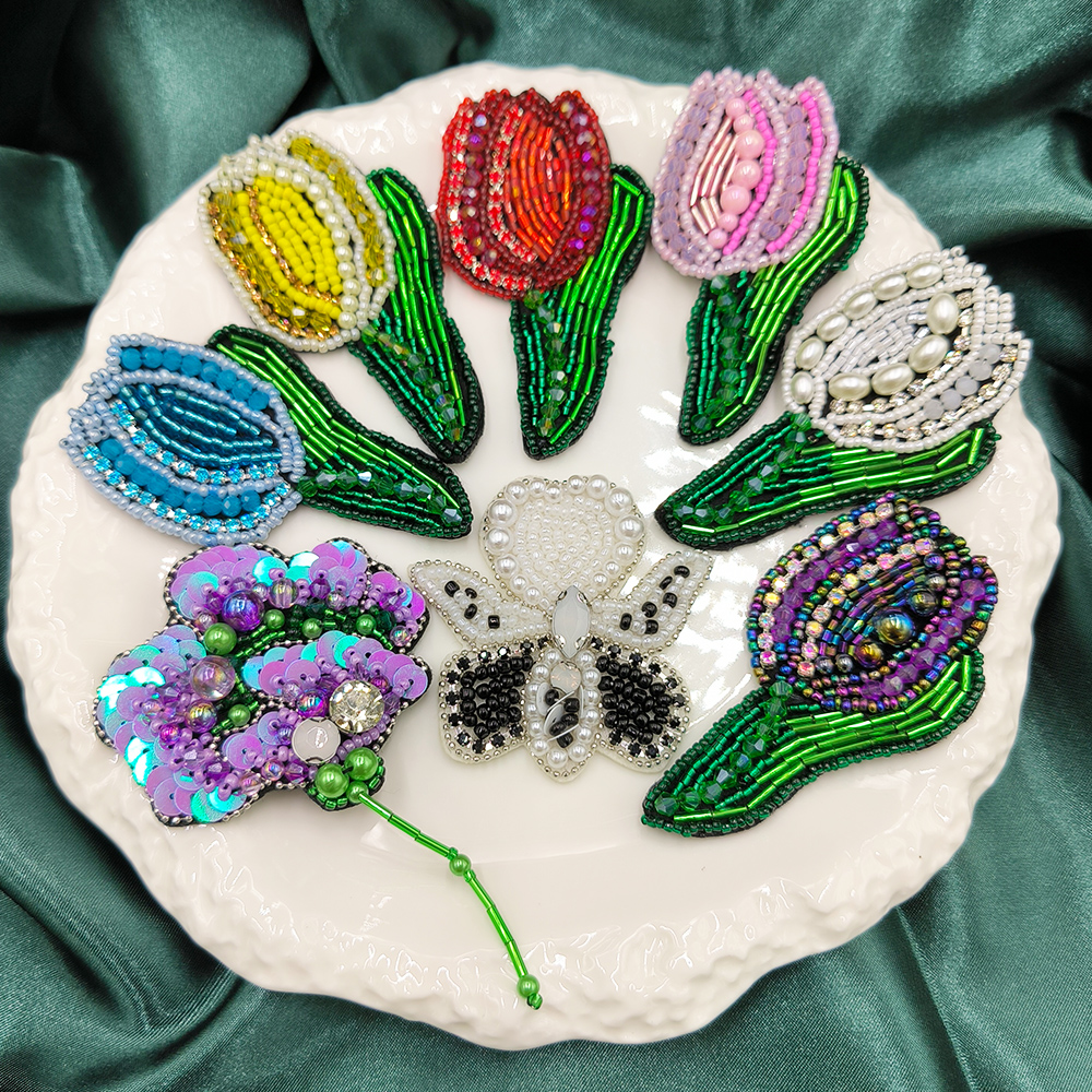 手工珠绣郁金香玫瑰花服装补丁