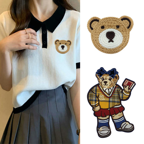时尚刺绣熊T恤帽子破洞修补贴