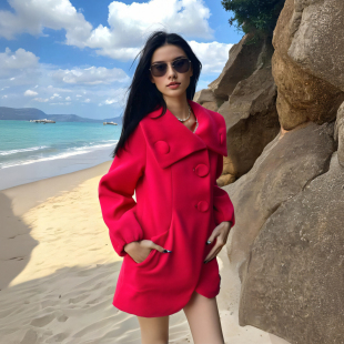 秋冬季新款收腰梅红色毛呢外套女长款修身单排扣大衣时尚百搭外套