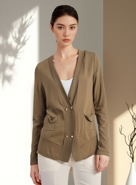 秋季帛逸V领蕾丝拼接长袖开衫OL宽松型军绿肩章针织衫打底衫