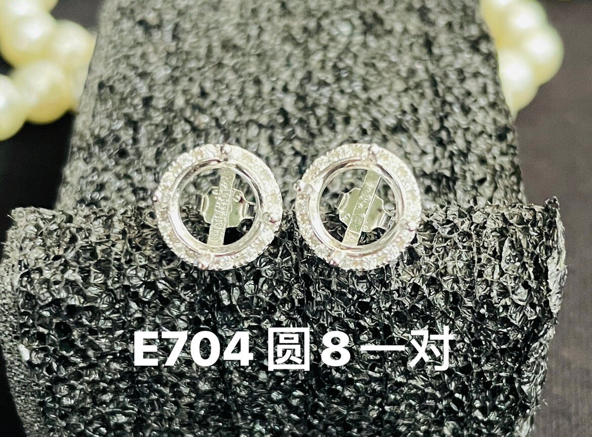 DIY配件S925纯银锆钻款耳钉空托圆形8MM宝石裸石戒面半成品镶嵌