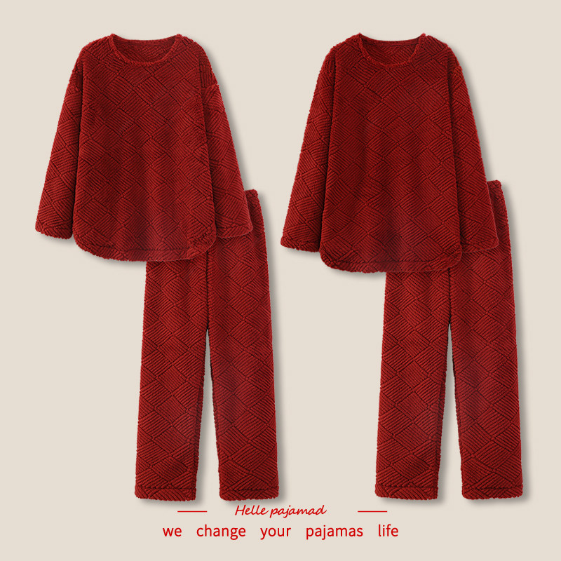 浪莎红色结婚情侣睡衣女秋冬季加厚加绒珊瑚绒男士套头家居服套装