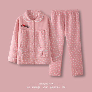 大码 冬天开衫 家居服 纯棉夹层加厚夹棉套装 浪莎空气棉睡衣女秋冬季