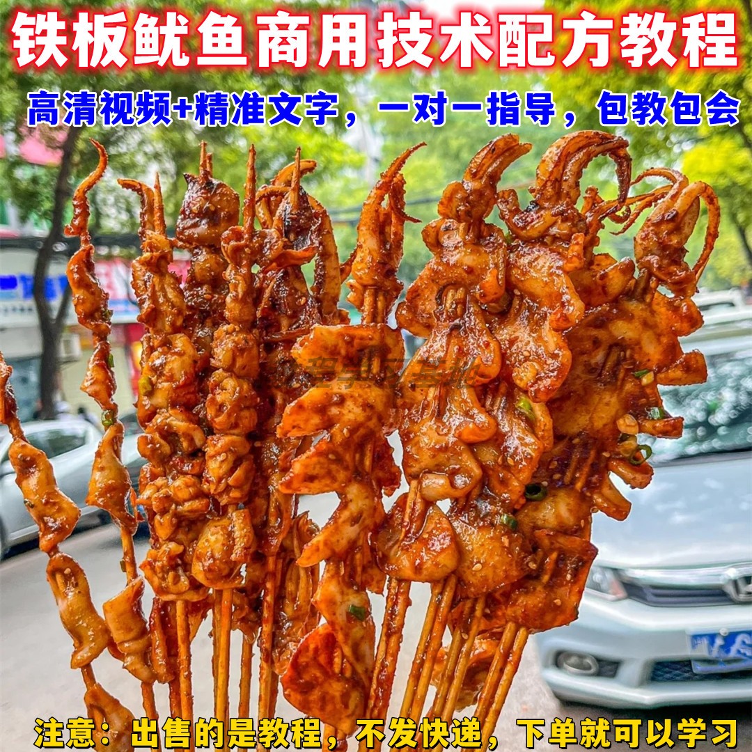 街边摆地摊火爆铁板鱿鱼实体店商用小吃技术配方教程培训视频教学