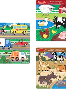 Melissa & Doug Wooden Peg Puzzles Farm Animals, Safari Vehic