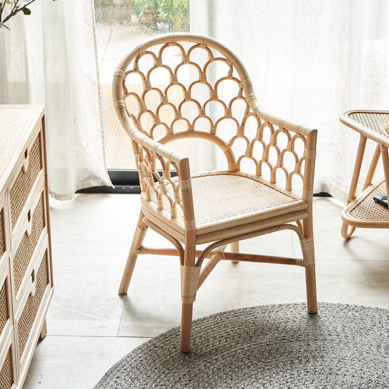 藤椅老人藤编高靠背餐椅休闲阳台办公麻将椅印尼天然单人真藤椅子