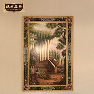 挂画 画法式 饰画别墅走廊竖版 玄关装 欧式 奢华金箔手绘孔雀木版