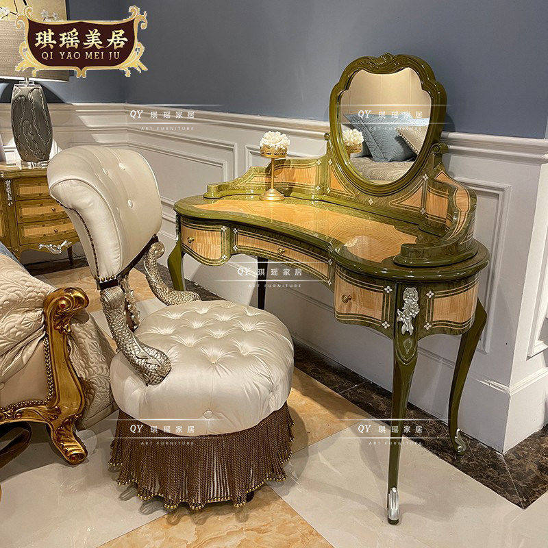 琪瑶美居欧式桃花心实木梳妆台椅组合英式古典奢华休闲椅带镜子妆