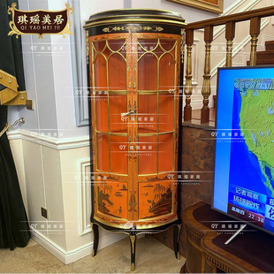 古典手绘墙角酒柜法式橙色带灯玻璃三角饰物柜欧式复古别墅展示柜