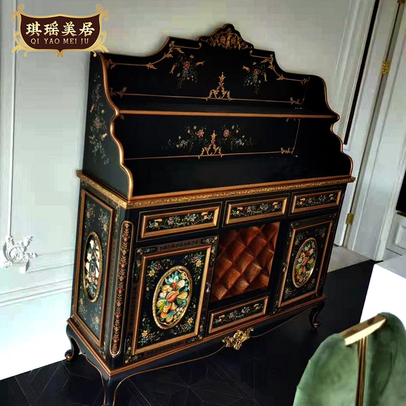 琪瑶美居欧式纯铜雕花餐边柜法式奢华陶瓷手绘装饰储物柜实木酒柜