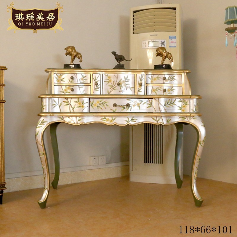 欧式风奢华手绘花鸟实木梳妆台