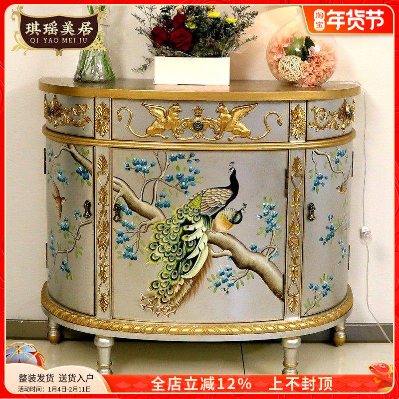 美式半圆玄关柜欧式彩绘小边柜孔雀装饰柜客厅走廊柜卧室电视柜,住宅家具,门厅/玄关柜/玄关架,淘宝优惠券,粉丝福利购,淘宝优惠卷