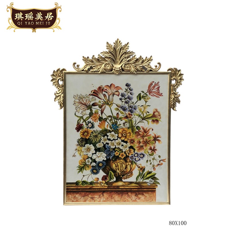 欧式奢华金箔彩绘花卉木版画法式客厅走廊玄关装饰画别墅竖版挂画图片