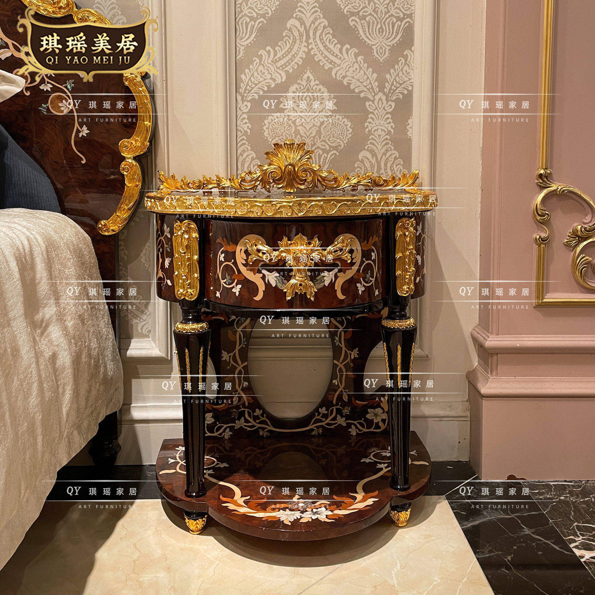 琪瑶家居欧式奢华艺术彩绘床头柜法式别墅卧室储物柜古典床边柜