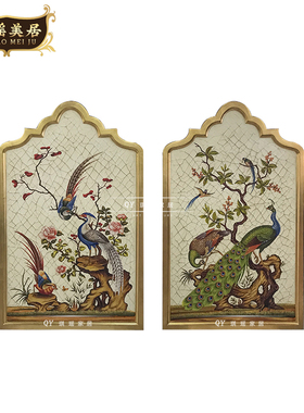 欧式古典手绘孔雀花鸟木板画实木边框法式别墅客厅卧室装饰挂画